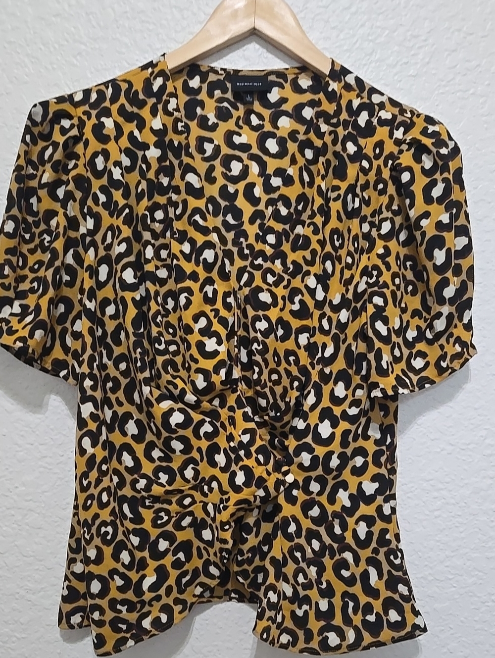 Who What Wear Mustard Leopard Wrap Front Blouse